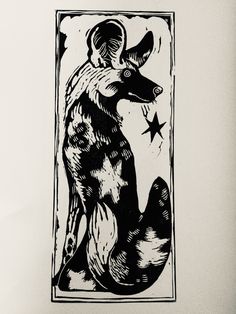 a black and white drawing of a fox with stars on it's back legs