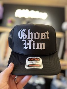 Add a touch of humor to your wardrobe with our Ghost Him Black Trucker Hat. This traditional foam trucker hat features a "Ghost Him" graphic on the front, perfect for those with a playful sense of humor. The mesh back and adjustable back ensure a comfortable fit for all head sizes. Hat Sayings, Cricut Clothes, Random Products, Tee Ideas, Cricut Shirts, Black Trucker Hat, Crazy Hats