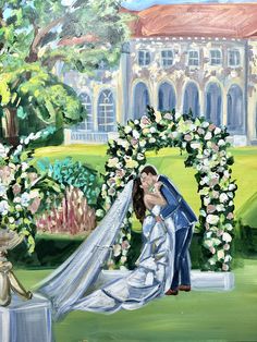 a painting of a bride and groom kissing in front of a wedding arch with flowers