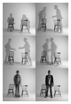 multiple shots of people standing in different chairs and facing each other with their backs to the same chair