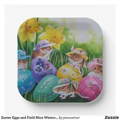 an easter egg and mouse water tray with daffodils