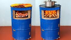 two blue barrels with food cooking in them