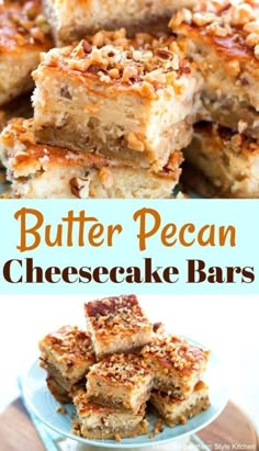 butter pecan cheesecake bars are stacked on top of each other and ready to be eaten