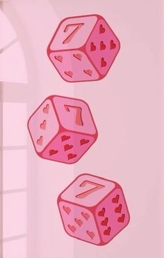 three pink dices with hearts on them are floating in the air above a window