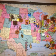 a map with many different items on it, including keychains and necklaces