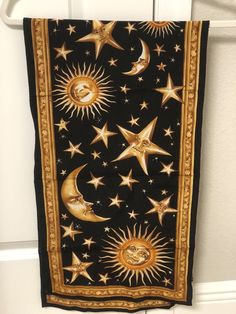 Casca Black and gold Silk Celestial Sun Moon Stars Scarf 50” X 13" Vintage 100% Silk Celestial Bedroom, Vintage Sun And Moon, Moon Home Decor, Celestial Sun, Sun Moon Stars, Gold Silk, Moon Stars, Sun Moon, Black Silk