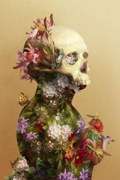 a painting of a human skull with flowers in it's body and butterflies around its neck