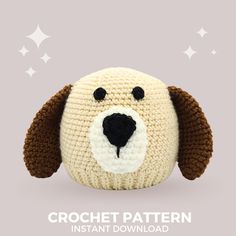 a crocheted stuffed dog is shown with stars in the background and text overlay reads, crochet pattern instant instant