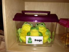 a stuffed frog in a plastic container with frogs label on it's chest, sitting next to other stuffed animals