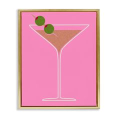 a pink greeting card with a martini glass and an olive on the rim, against a light pink background