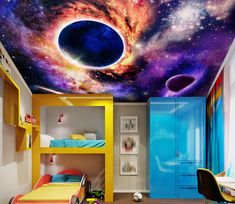 this is a bedroom with a space theme painted on the ceiling and colorful bunk beds