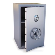 an open metal safe box with the door opened to reveal a combination lock and dial padlock