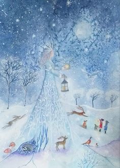 a painting of a woman standing in the snow with deers and birds around her