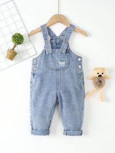 Cute Embroidered Baby Boy's Soft Denim Overalls, Washed Light Wash   Sleeveless Denim Plain Jumpsuit Non-Stretch  Baby Boys Clothing, size features are:Bust: ,Length: ,Sleeve Length: Overalls Baby Boy, Jumpsuit Jeans, Plain Jumpsuits, Baby Boy Bear, Embroidery Denim, Bear Embroidery, Summer Outfits Kids, Boys Denim, Kids Denim