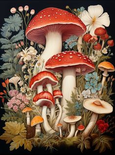 a painting of mushrooms and flowers on a black background