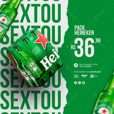 the advertisement for he beer is displayed in green and white paper with red star on it