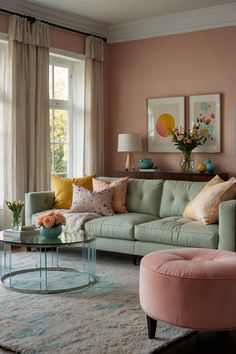 a living room filled with furniture and pink walls