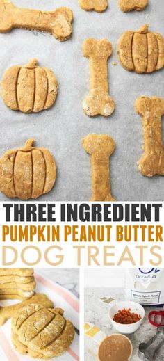 pumpkin peanut butter dog treats on a baking sheet and in the background there are images of dogs