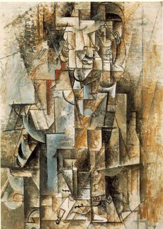 an abstract painting with various shapes and sizes, including a guitar in the foreground