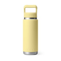 thermos stainless steel bottle in yellow is shown with an insulated lid and handle