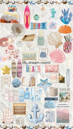 a collage of beach related items including shells, seashells and other things