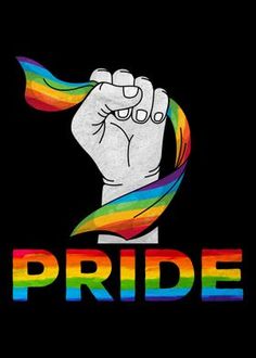 the word pride painted on a black background with a rainbow ribbon in front of it