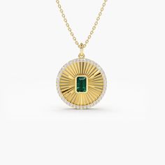 Medallion Diamon Necklace Details	Made to Order	Gold Kt: 14K (also available in 14 K)	Available Gold Color: Rose Gold, Yellow Gold, White Gold	The diameter of Disc: 17 MM	Emerald-Cut Emerald: 1 pc 5 x 3 MM	Round Diamond: 42 pcs 1.1 MM	Total Diamond CTW: 0.25	Total Emerald CTW: 0.35	Diamond Color-Clarity: G Color Si Clarity Shipping Time 10-12 Working Days Luxury Yellow Gold Plated Emerald Necklace, Luxury Yellow Gold-plated Emerald Necklace, Luxury May Birthstone Necklace With Diamond Accents, Gold Diamond-cut Emerald Necklace, Gold Diamond Cut Necklace For May Birthstone, Gold Round Emerald Necklace Hallmarked, Gold Round Hallmarked Emerald Necklace, Luxury Yellow Gold Emerald Necklace With Round Pendant, Luxury Yellow Gold Emerald Round Pendant Necklace