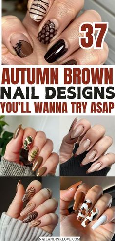 Brown And Black Nails Ideas, Caramel Gradient Nails, Brown October Nails, Brown Comic Nails, Brown Black Nails Design, Butternut Squash Nails, Coffee Nail Art Designs, Brown And Blue Nails Design, Fall Brown Nails Design