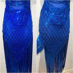 two pictures of a blue dress with fringes on it