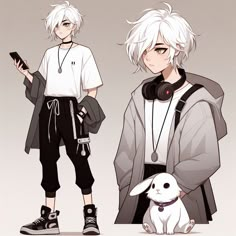 two anime guys with white hair and headphones are standing next to a small dog