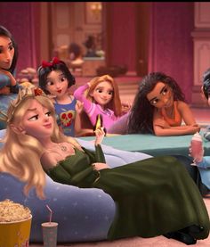 there are many princesses sitting on the bed with popcorn and drinks in their hands