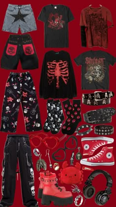 Emo Clothes Ideas, Emo Outfit Board, Red Scene Outfits, Alt Valentines Outfit, Grunge Red Outfit, Red Emo Outfits, Gore Clothes, Red Alt Outfits, Red Emo Aesthetic