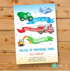 this is an image of a birthday card with trucks and planes on it, including the words jeep is turning two