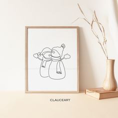 a black and white drawing of two bears hugging in a bag on a shelf next to a vase