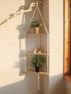 three shelves with plants on them in front of a wall mounted planter and window