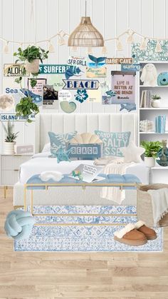 a bedroom with blue and white decor on the walls