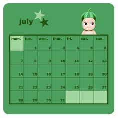 a green calendar with the month of july on it and a doll next to it