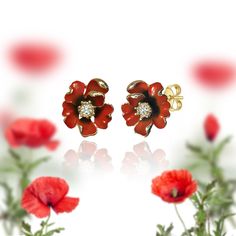 These cute poppy flower earrings are giving summer vibes and cottagecore. They are handpainted by me and inspired by vintage enamel flower jewelry of Art Nouveau which is an art historical epoch at the turn of the 19th and 20th century. The coloring details on these poppies have been painted on gold plated copper with acryllic paint and coated with epoxy resin and in the center of all flower petals a zirkonia crystal is sparkling. These handmade poppy earrings inspired by vintage flower jewelry Poppy Jewelry, Poppy Earrings, Jewelry Summer, Earring Studs, Copper Material, Flower Fairy, Enamel Flower, Flower Jewelry, All Flowers