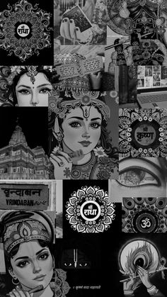 black and white art work with various images