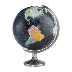 a black and yellow globe on a metal stand with an image of the world in it