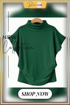 Women Casual Short Batwing Sleeve Loose Tops Solid Black Gray Turtleneck Tee T-shirts Green Stretch Plain Tops, Green Short Sleeve Tops For Fall, Trendy Plain Crew Neck Tops, Green Short Sleeve Plain Top, Gray Turtleneck, Women's Outfits By Occasions, Grey Turtleneck, Loose Tops, Batwing Sleeve