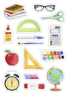 an assortment of school supplies are shown on a white background