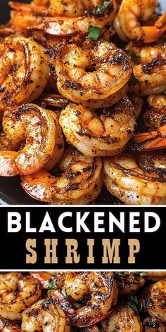 grilled shrimp on a black plate with the title text overlay reads, blackened shrimp