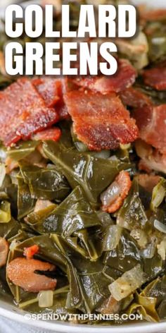 collard greens with bacon in a white bowl