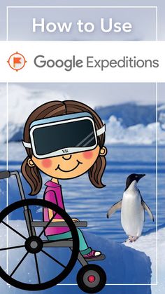 the penguin is standing next to a girl in a wheelchair with google's eye glasses on