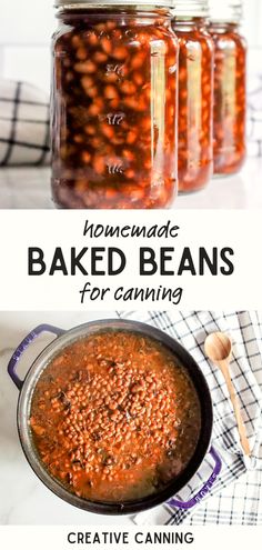 homemade baked beans for canning in mason jars with text overlay that reads homemade baked beans for canning