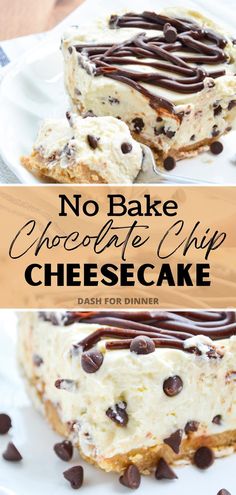 no bake chocolate chip cheesecake cake on a white plate with text overlay