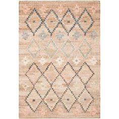 a beige rug with diamond shapes on the front and back, in different shades of blue