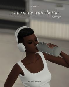 a woman wearing headphones drinking from a can