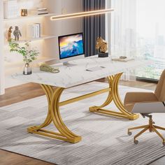 a desk with a computer on it in a room